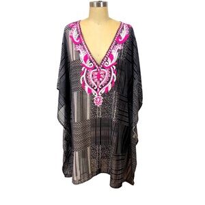 NEW Flint and Moss Beach Black and Pink Embroidered Kaftan Swim Cover Up Large
